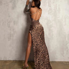 Leopard Print Sleeveless Backless Slit Dress With High Waist Camisole Straps
