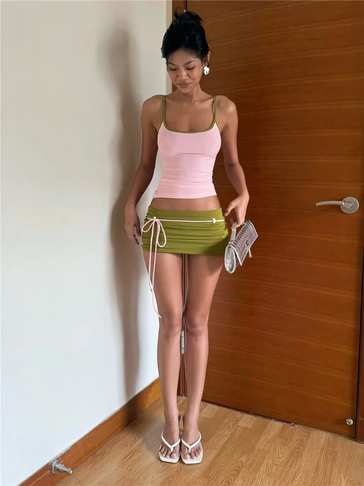 Patchwork Two Piece Set With Backless Camisole Top And Tassel Mini Skirt Y2K Vibe