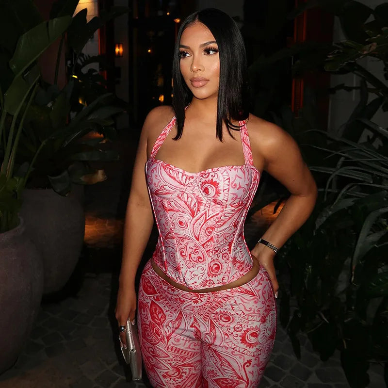 Paisley Print Backless Halter Crop Top Two Piece Set With Lace Up Detail And Skinny Pants