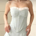 Sultry Gray And White Spliced Corset Crop Top With Fishbone Bodice