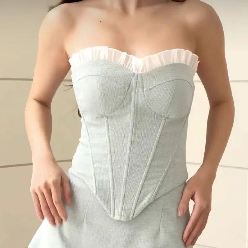 Sultry Gray And White Spliced Corset Crop Top With Fishbone Bodice