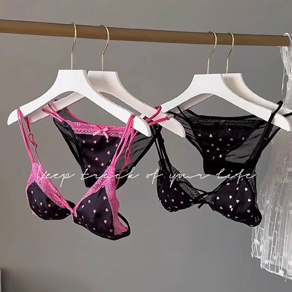 French Style Satin Lace Lingerie Set With Triangle Cups Wireless Soft Fabric Daily Wear