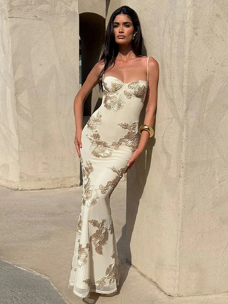 Chic Floral Embroidered Backless Maxi Dress With Low Neck And Crossback
