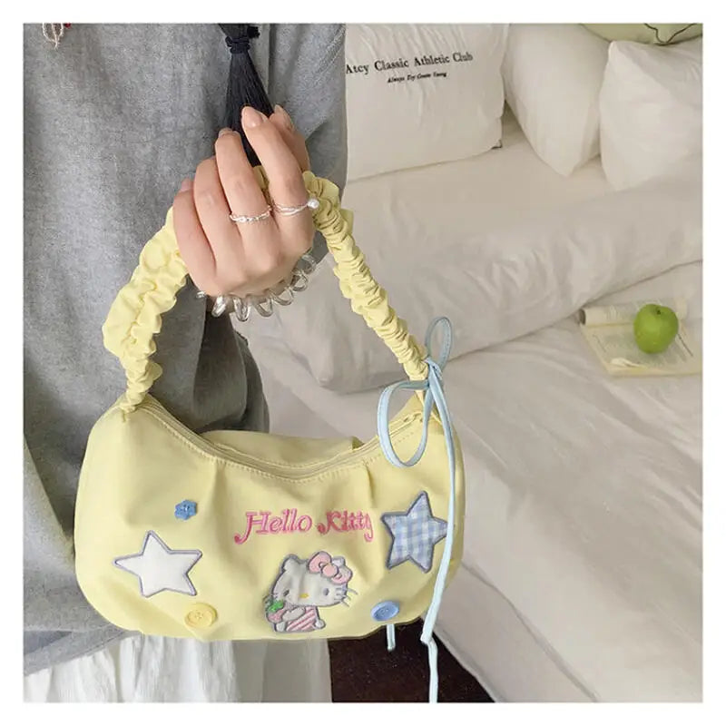 Bright Strawberry Daydream Shoulder Bag With Yellow Nylon And Blue Grid Star Detail