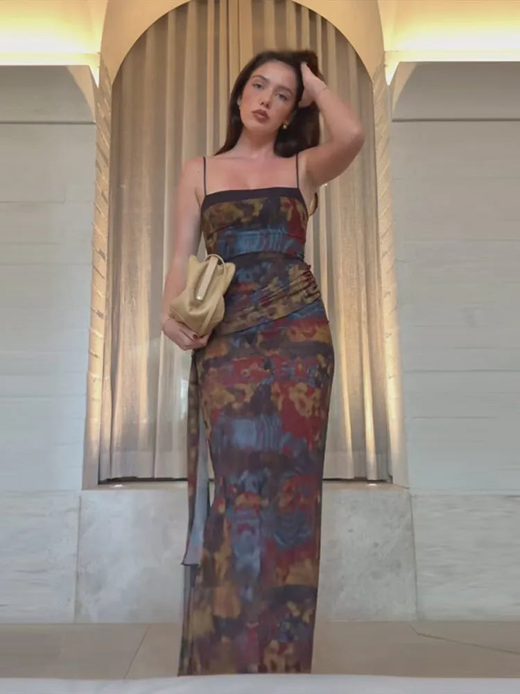 Dreamy Tie Dye Maxi Dress With Spaghetti Straps And Ruched Waist Sash Accent Breezy Vintage Style