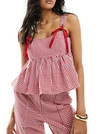 Women Plaid Tank Tops Spaghetti Strap Square Neck Peplum Cami Top Ruffle Smocked