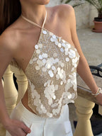 Backless Glitter Halter Tank Top With Sequin Design