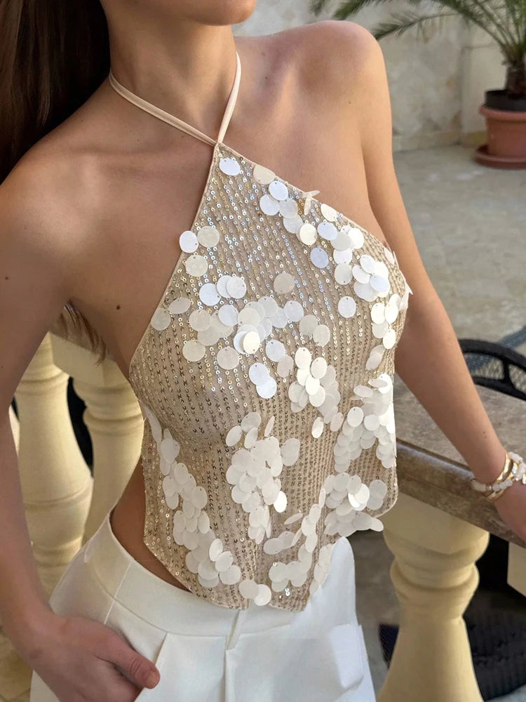 Backless Glitter Halter Tank Top With Sequin Design