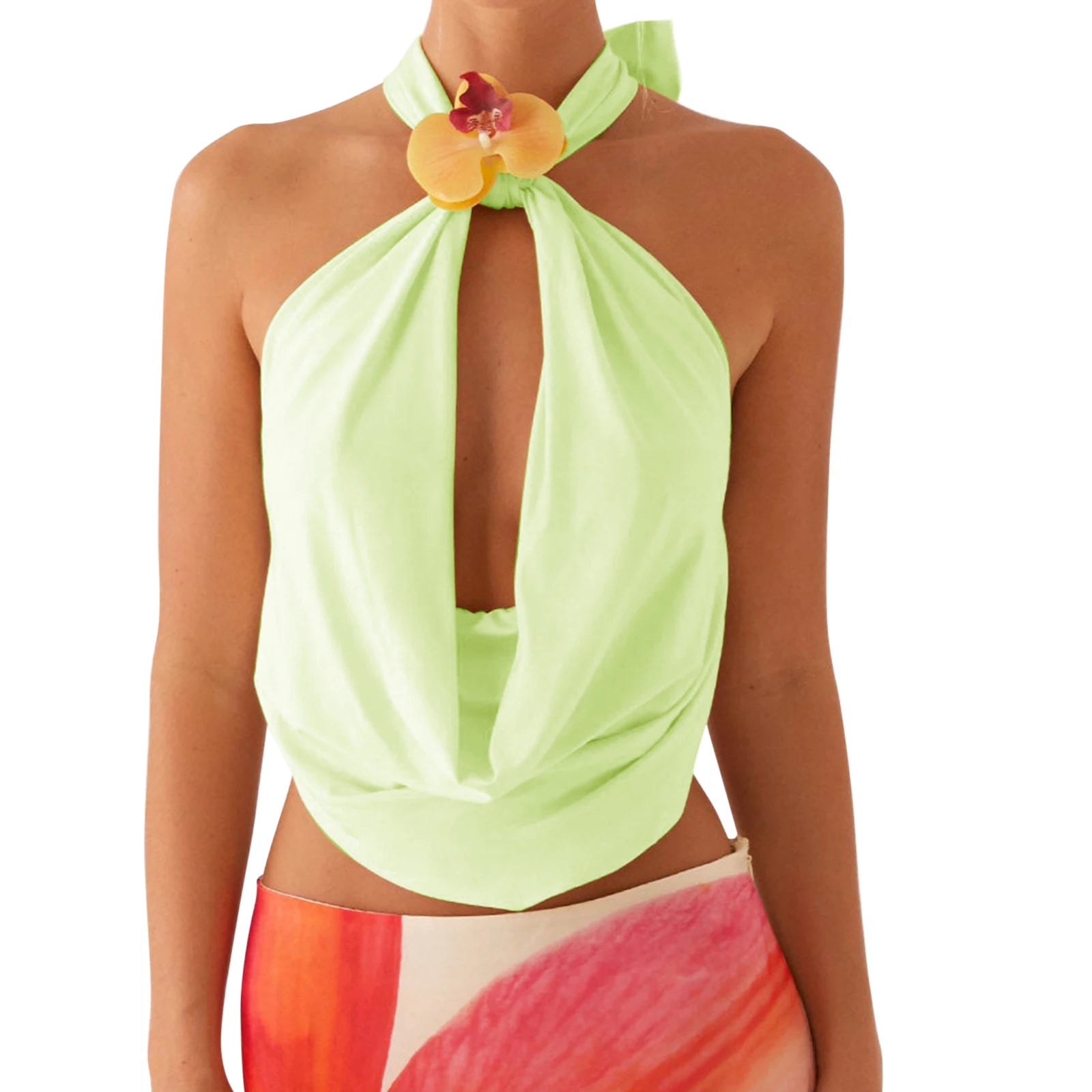 Vintage 3D Flower Cami Top With Halter Backless And Draped Front