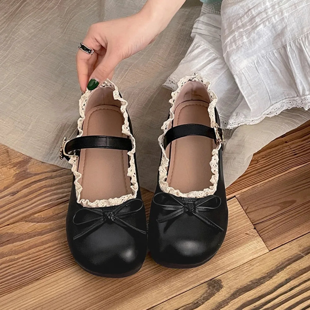 Lolita Inspired Mary Jane Flats With Bow Lace Pu Leather Soft Sole Slip On