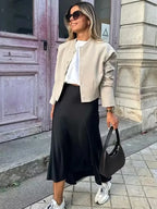 Satin High Waist Midi Skirt With Flair