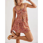 Floral Summer Two Piece Set With Frill Trim Square Neck Tank Top And Drawstring Ruffle Skirt