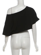 Shimmering Letter Rhinestone Tee Off Shoulder Top With Skew Collar