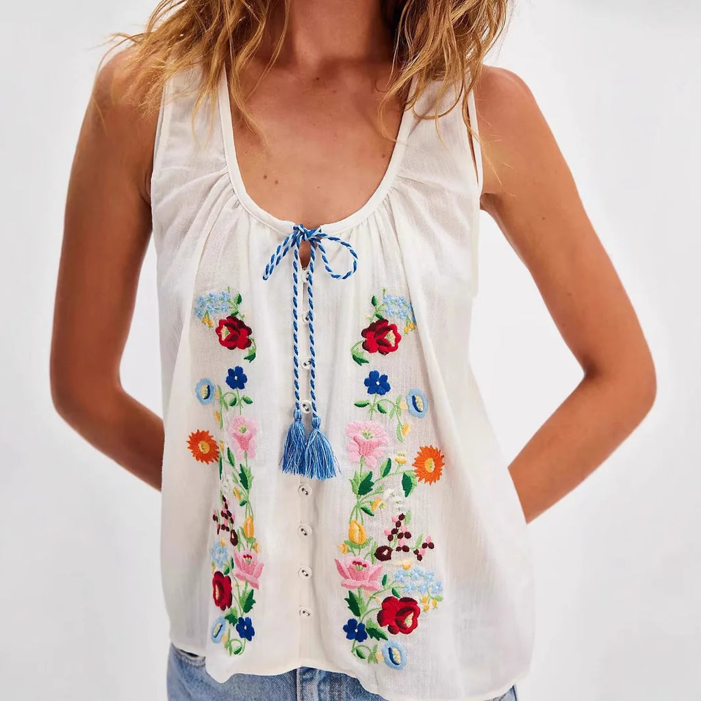 Cotton Floral Embroidered Tank Top Sleeveless Blouse