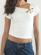 Nostalgic Streetwear Tee With Hollow Flower Cutout Slim Fit Half Sleeve For Women