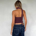 Elegant Halter Crop Top With Scarf Strap Ruched Slim Solid Design For Summer Streetwear