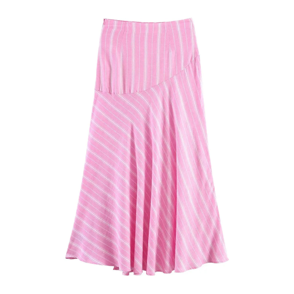 Pink Stripe Shirt Set With Pleated Long Skirt Elegant Two Piece Suit