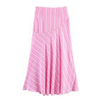 Pink Stripe Shirt Set With Pleated Long Skirt Elegant Two Piece Suit
