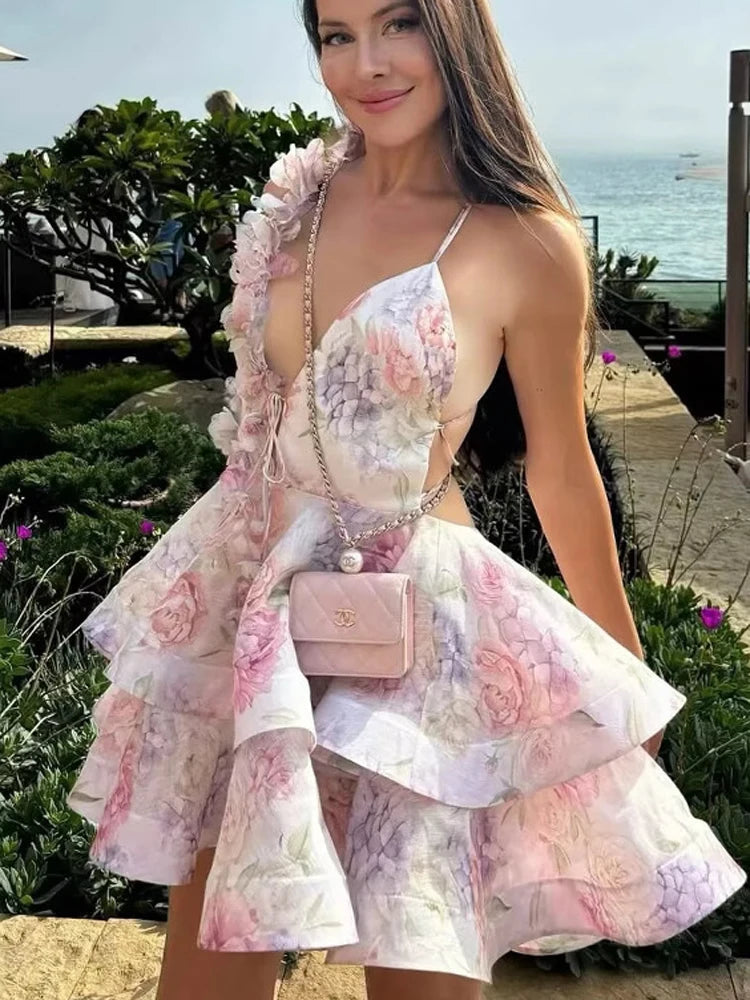 Petal 3D Flower Ruffle Camisole Dress With V Neck Backless Evening Look