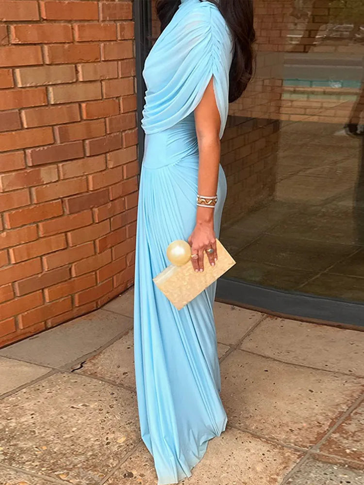 Blue Irregular Shawl Maxi Dress Slim Fit Pleated Turtleneck Elegant Evening