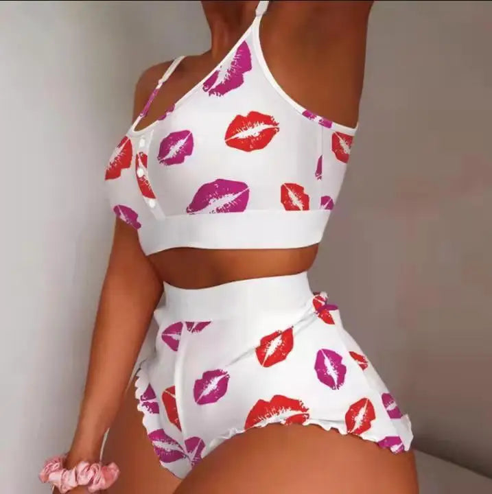 Two Piece Set Women's Pajama Shorts Suit Multiple Print Underwear Sexy Lingerie Camisoles