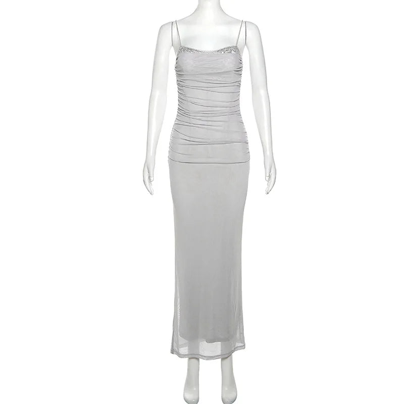 Elegant Maxi Spaghetti Strap Party Dress With Netting Waist-Hugging Fit