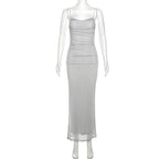 Elegant Maxi Spaghetti Strap Party Dress With Netting Waist-Hugging Fit