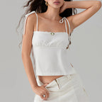 Sweet Open Back Camisole With Shirred Tie Up Spaghetti Straps Lace Trim And Square Neck