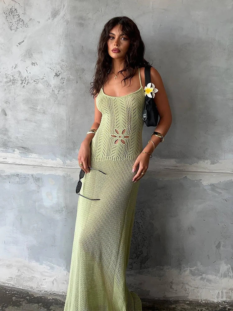 Floral Knit Strap Maxi Dress Backless Beach Cover Up For Summer Vacation And Resort Style