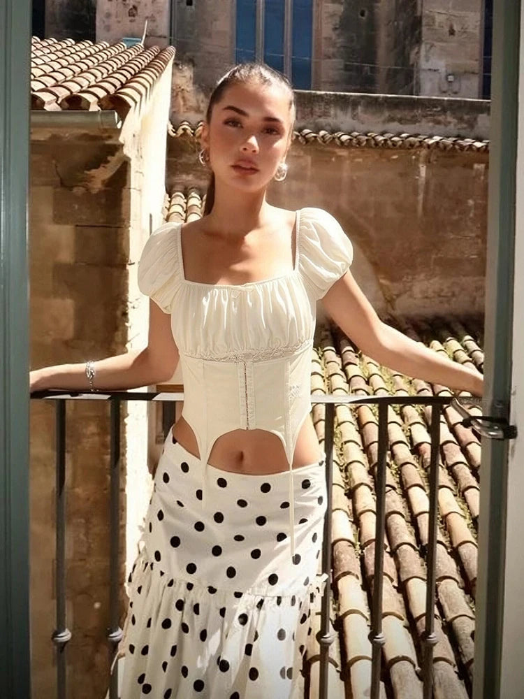 Female Slim Fit Square Neck Puff Sleeve Lace Ruched Corset Waist Short Blouse
