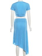 Velvet two piece Set for Women With V Neck Crop Top Ruched Ribbon Patchwork Irregular Hem