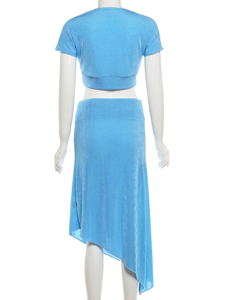Velvet two piece Set for Women With V Neck Crop Top Ruched Ribbon Patchwork Irregular Hem