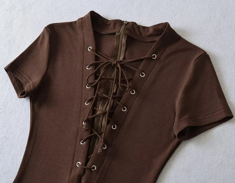 Sexy Lace Up Front Short Sleeve Playsuit In Knit Fabric Flirty One Piece Romper