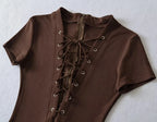 Sexy Lace Up Front Short Sleeve Playsuit In Knit Fabric Flirty One Piece Romper
