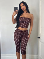 Brown Polka Dot Two-piece Set With Backless Wrap Top And Capri Shorts