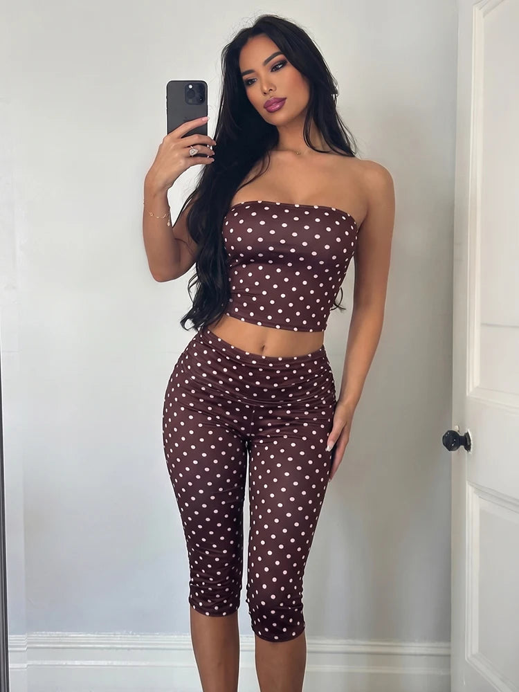 Brown Polka Dot Two-piece Set With Backless Wrap Top And Capri Shorts