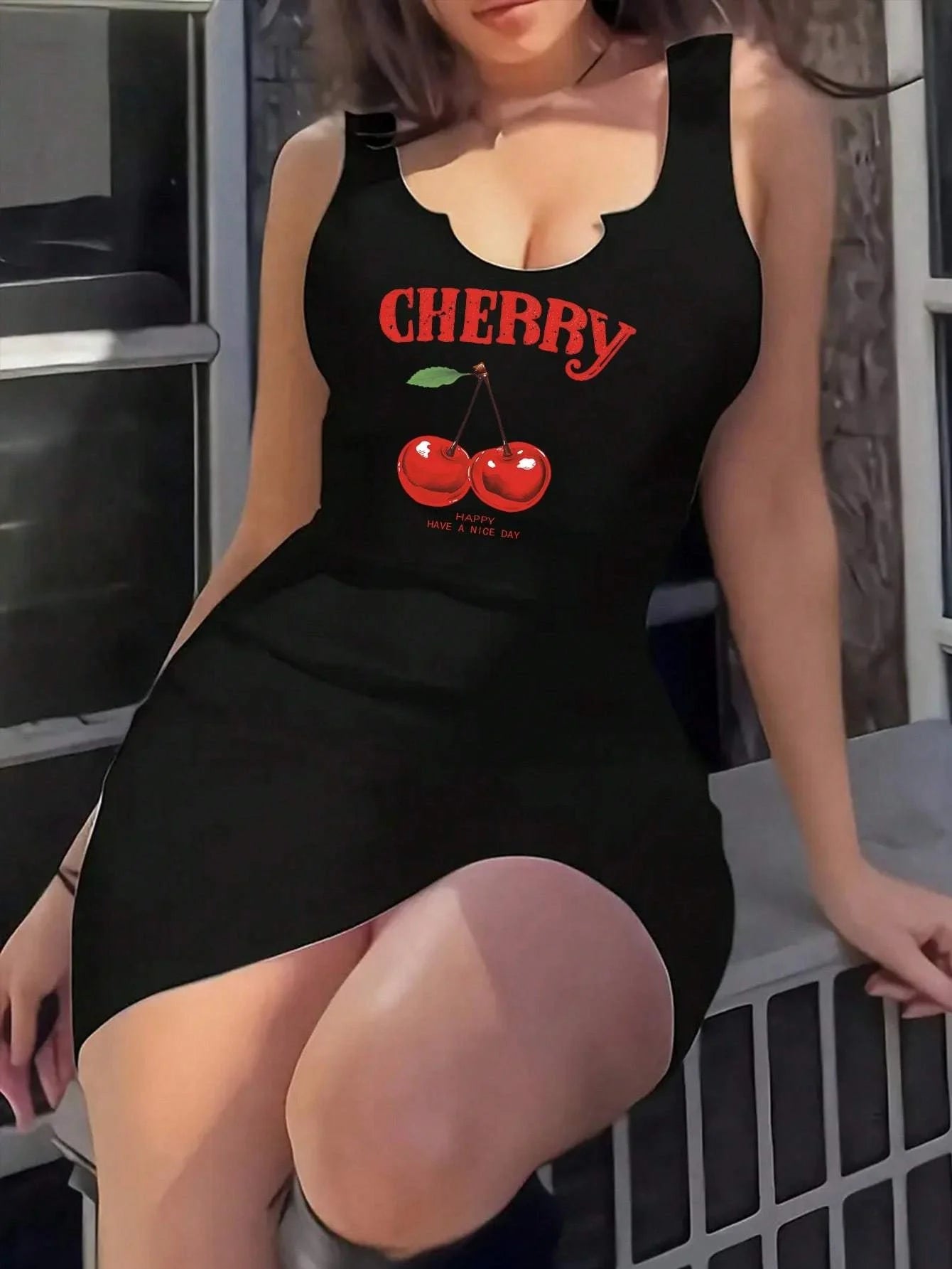 Cherry Print Sleeveless Dress With Round Neck Casual For Everyday