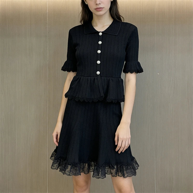 Lace Patchwork Dress With Ruffle Layers And Short Sleeves
