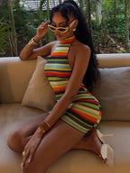 Stripe Patchwork Bodycon Mini Dress Halter Backless Off Shoulder
