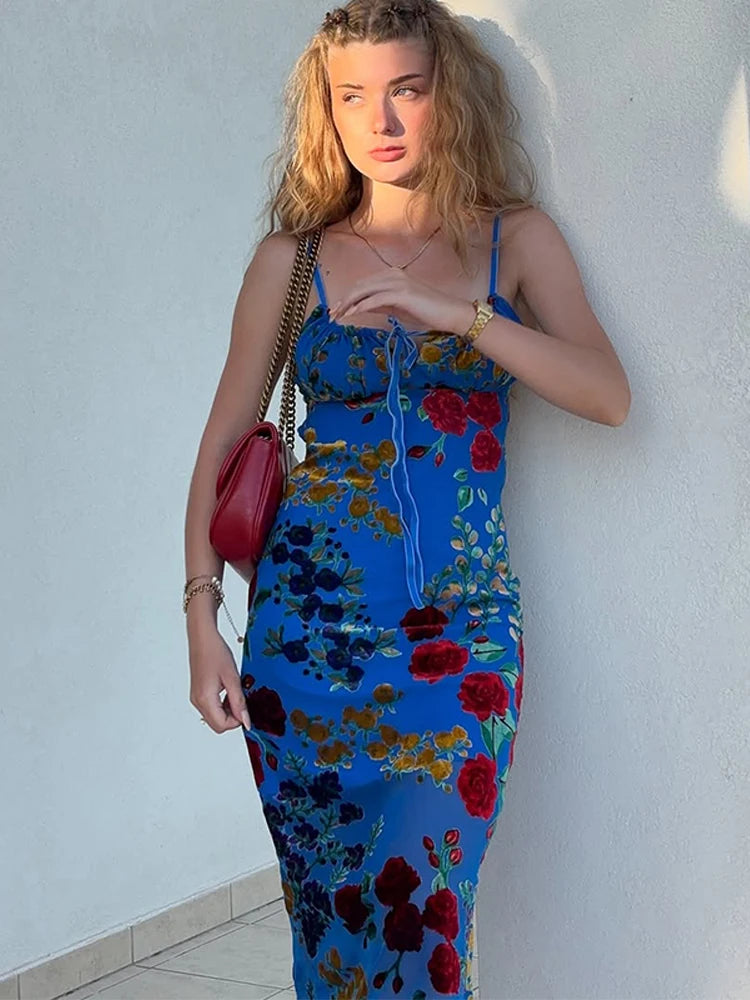 Retro Floral Lace Up Backless Maxi Dress
