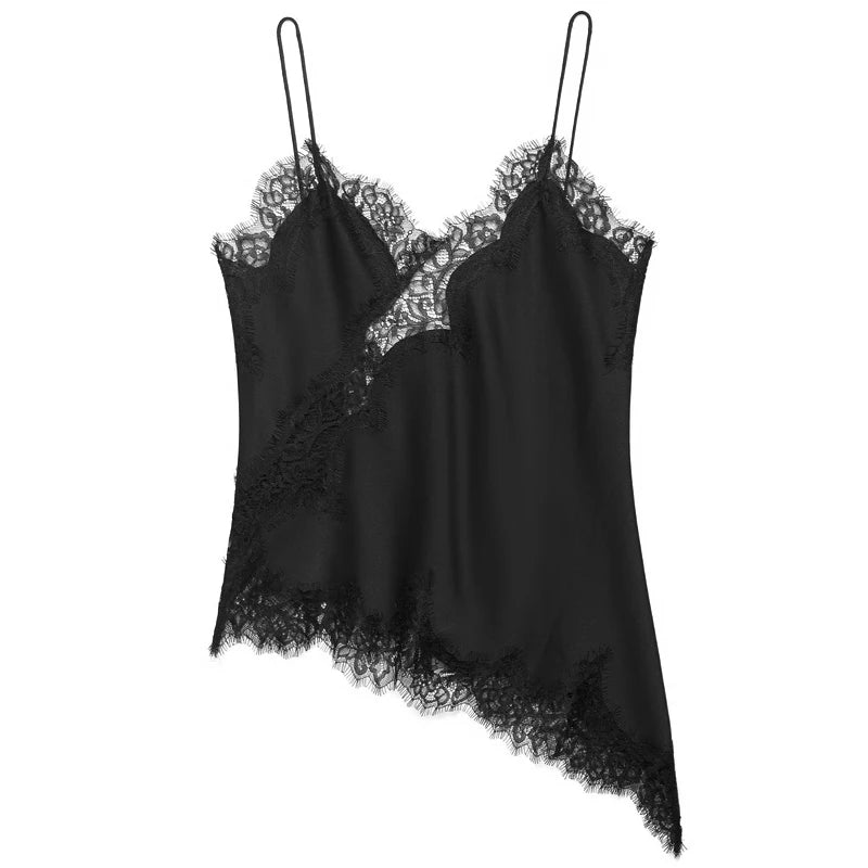 Asymmetrical Lace Slip Top Satin Off Shoulder Backless Camisole