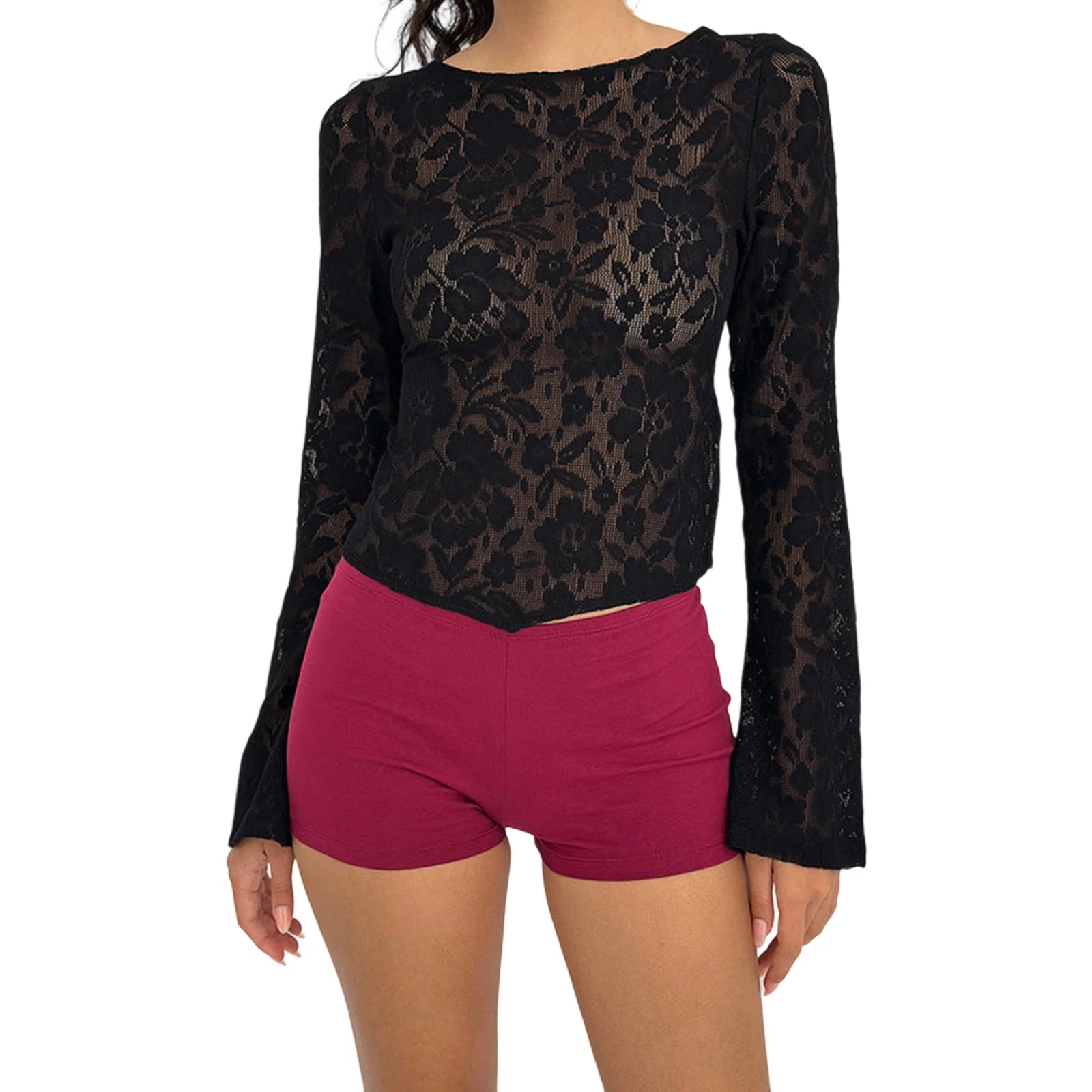Women's Lace Tops Fashionable Bell Long Sleeve Backless Slim Fit