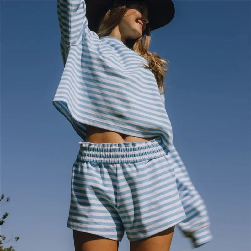 Cozy Striped Knit Lounge Set With Oversized Top And Shorts For Relaxed Comfort Everyday