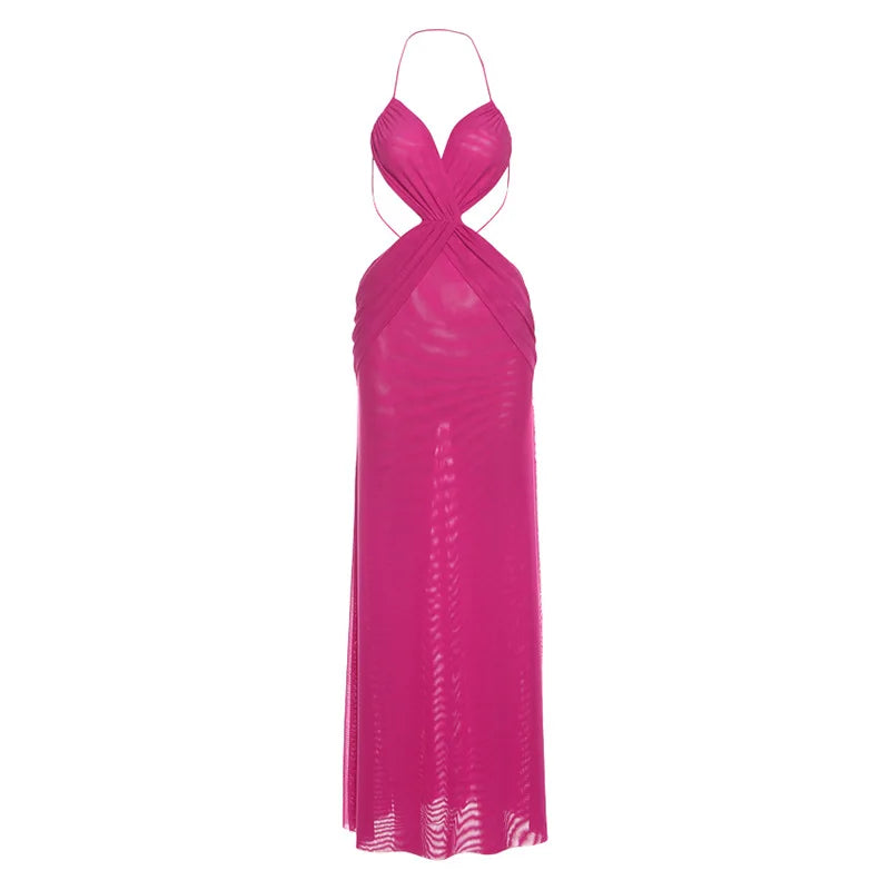 Ruched Mesh Maxi Dress With Cross See Through Halter Backless Bodice