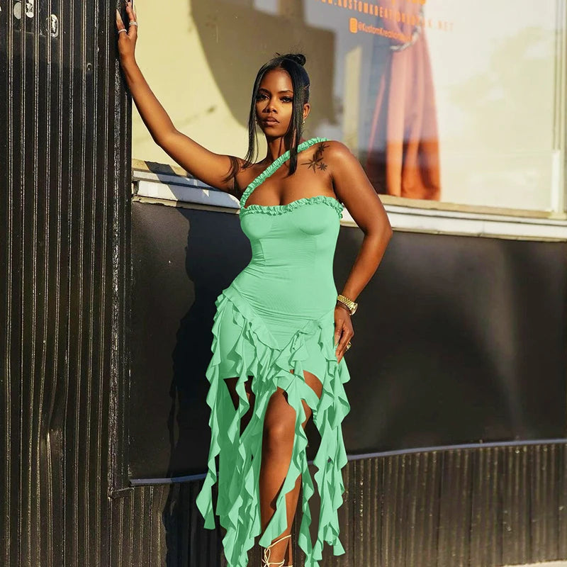 Elegant Halter Backless Ruffles Mini Dress Slim Fit With Tassel Detail