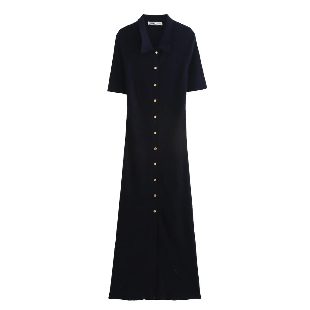Knit Black Long Flute Dress With Buckle Detail