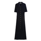 Knit Black Long Flute Dress With Buckle Detail