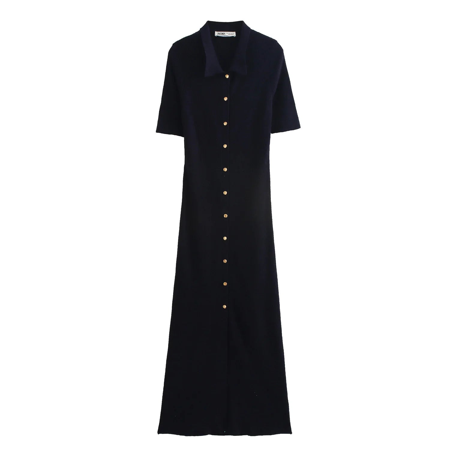 Knit Black Long Flute Dress With Buckle Detail