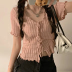 Soft Knit V Neck Cropped Ribbed Short Sleeve Tee