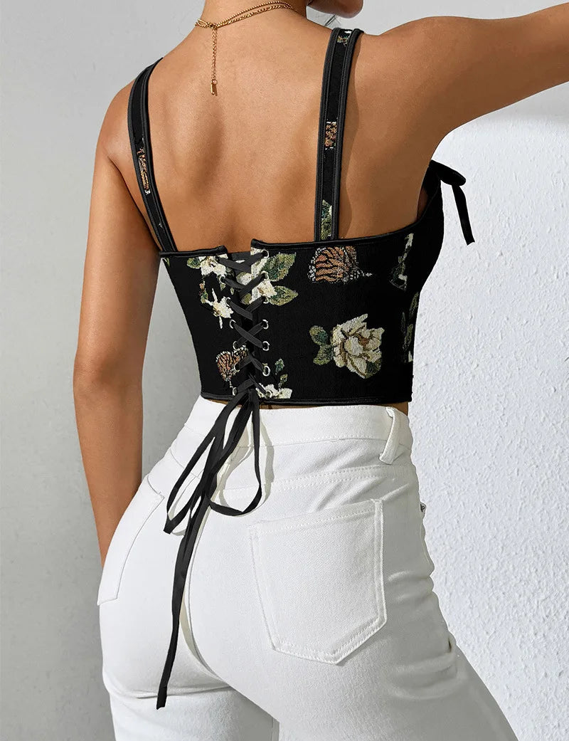 French Floral Print Corset Top With Double Straps Vintage Bustier Shaper